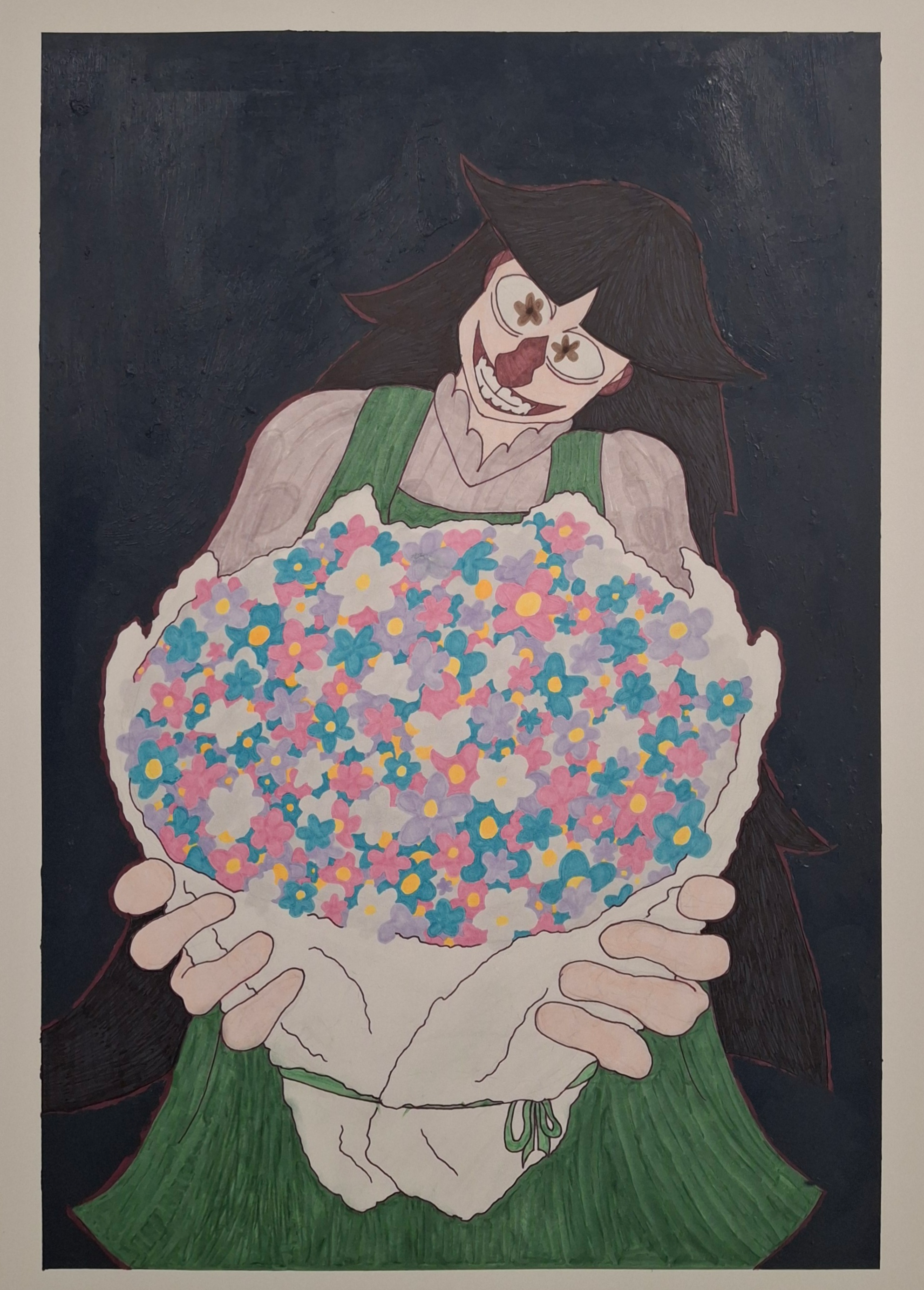 
Another Jane Doe piece- this time in mahogany outlining. She is standing in front of a painted navy background with flower-shaped eyes, holding a large bouquet out toward the viewer. The flowers are the same as her shirt: stylized Forget-Me-Nots. The flowers come in blue, purple, pink, and white with yellow centers. Jane has a big grin.
