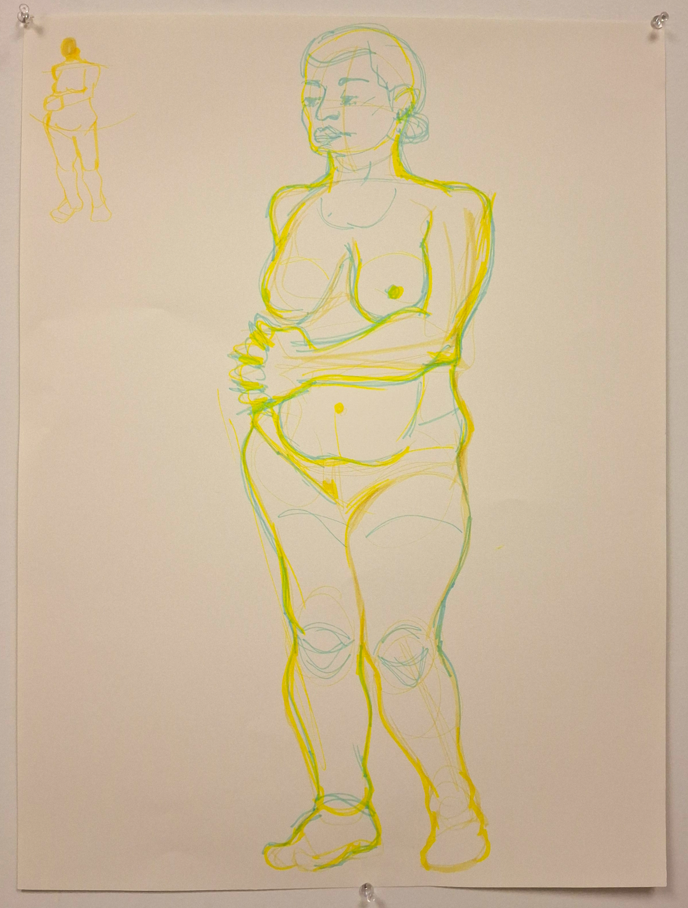 
A photograph. It shows a standing figure done in yellow and blue marker. There is a small sketch in yellow near the top. The paper is held up by thumb-tacks to the wall.