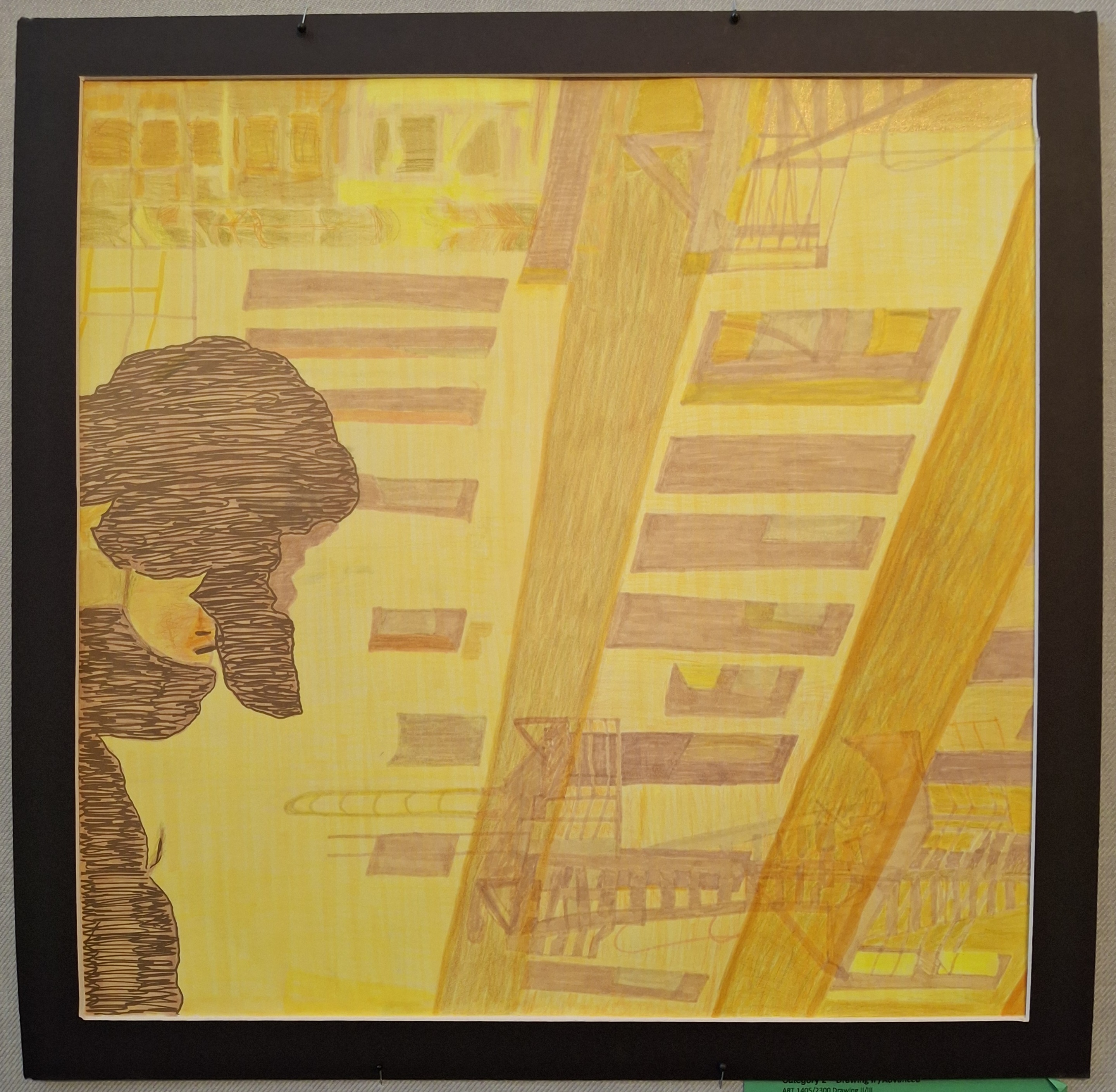 
A squared composition done entirely in yellow, with accents of orange to deepen the color and dim the brightness. It is mostly geometric with angled rectangles and an organic shape to the left side.