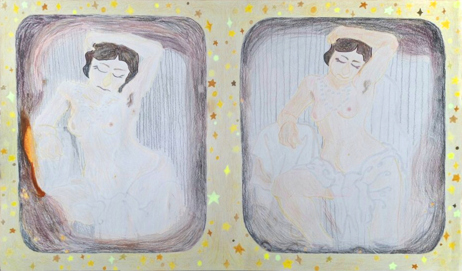 
A picture of a colored pencil and marker art piece. It depicts the same white woman twice with a gold, sparkly border. It it set up like a picture frame. The woman is nude save for a double string of pearls. The woman also has a fine draperty tied around her waist. She has dark hair. One of her arms is raised above her head, the other leaning on a similarly covered piece of furniture. Her eyes are closed. The center images have a heavy vignette and 'age spots' that come with aged photographs.